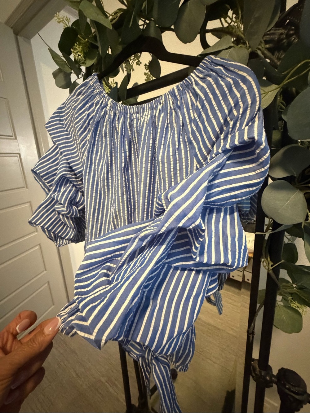 CeCe Blue and White Striped Off-Shoulder Ruffle Tie Top